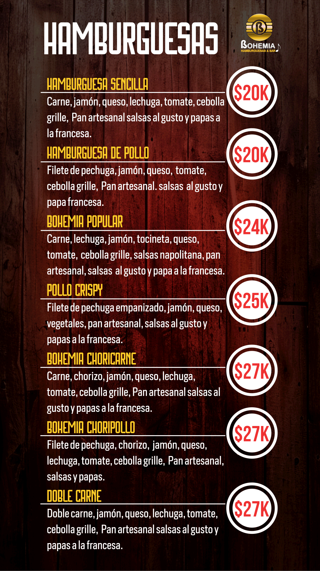 Bohemia — Hamburguesas. Amplía la imagen para leer la carta.