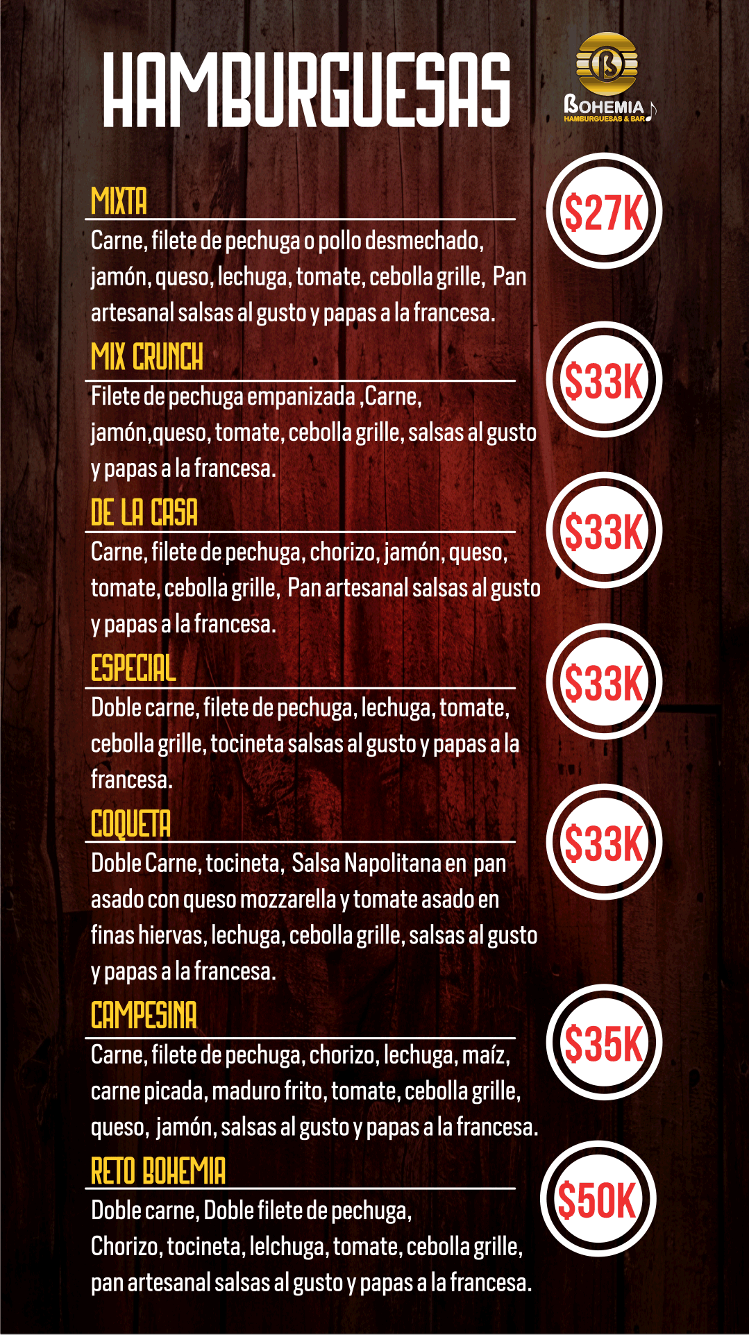 Bohemia — Perros y papitas. Amplía la imagen para leer la carta.