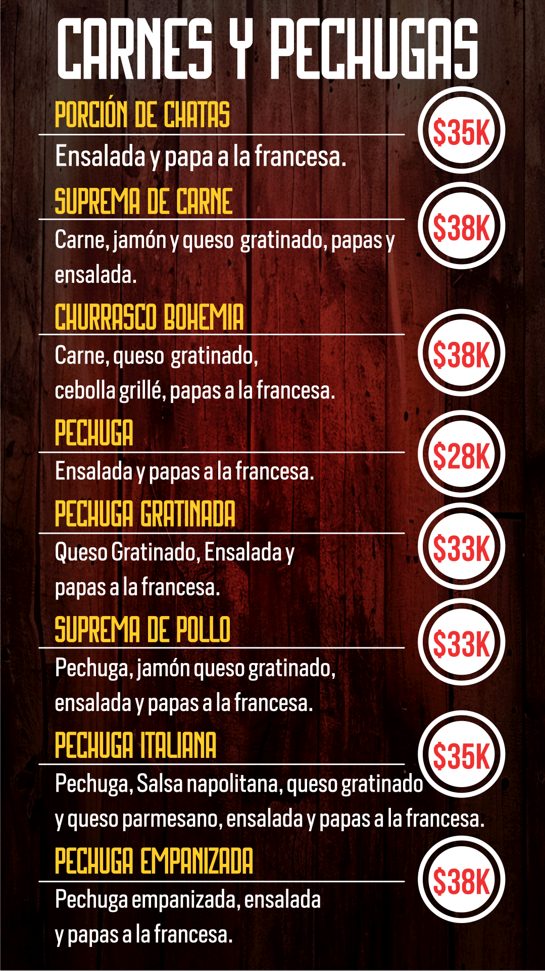 Bohemia — Patacones y adicionales. Amplía la imagen para leer la carta.